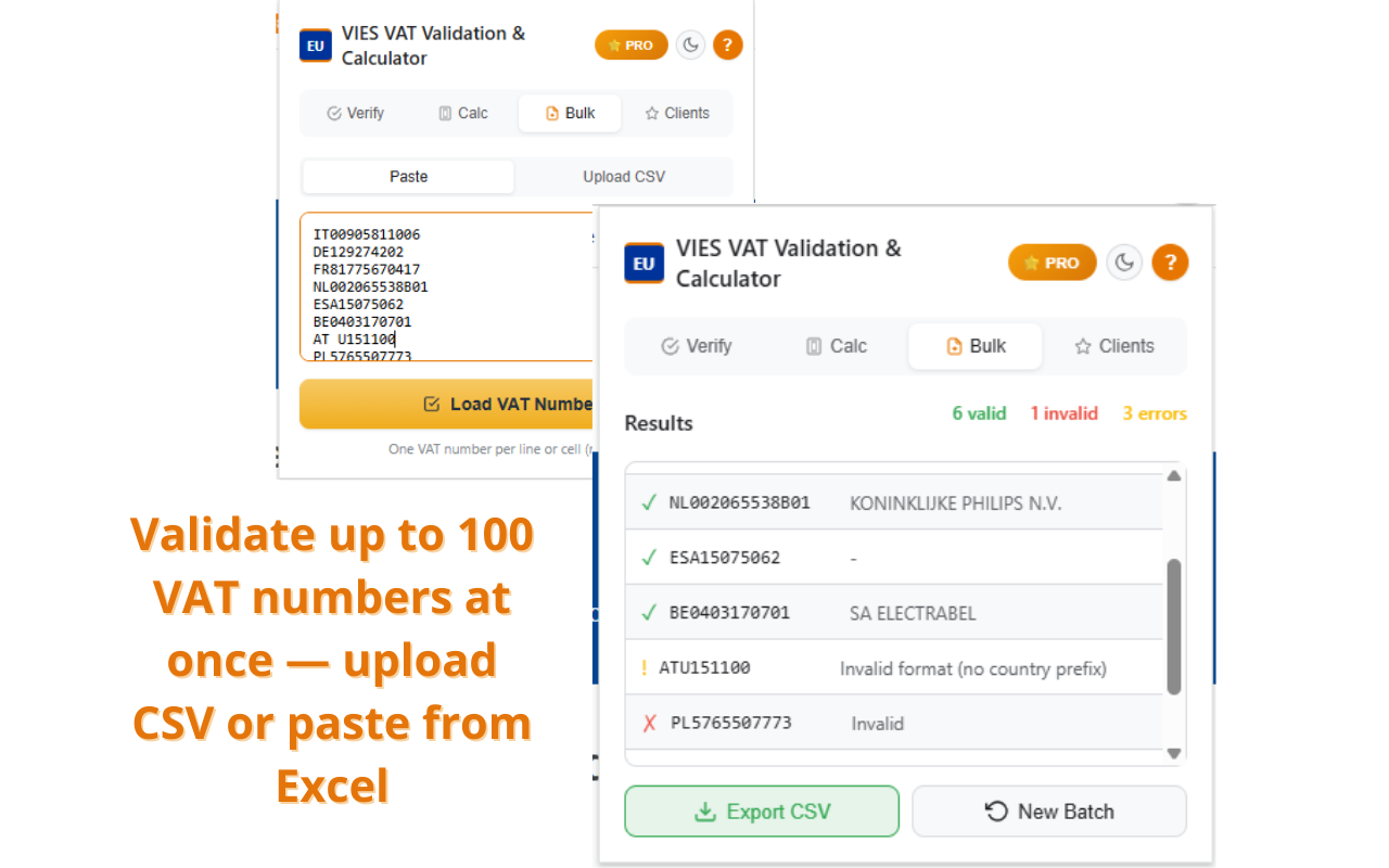 Bulk VAT validation - upload CSV or paste from Excel